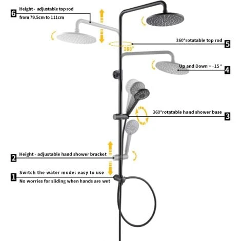 CECIPA Set Doccia Nero Sistema Doccia Senza Rubinetteria, Colonna Doccia A Pioggia Con Soffione Tondo Da 22 Cm E Doccetta Con Soffione A 3 Modalità, Regolabile In Altezza 2 CECIPA Set Doccia Nero Sistema Doccia Senza Rubinetteria, Colonna Doccia A Pioggia Con Soffione Tondo Da 22 Cm E Doccetta Con Soffione A 3 Modalità, Regolabile In Altezza - immagine 2