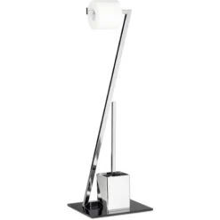 Relaxdays Piantana Portarotolo E Portascopino GLASS, Accessorio Salvaspazio Bagno, Testina Intercambiabile, Argento Nero