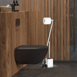 Relaxdays Piantana Portarotolo E Portascopino GLASS, Accessorio Salvaspazio Bagno, Testina Intercambiabile, Argento Nero -Stile Bagno 10720065 5