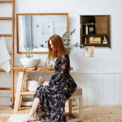 Relaxdays Mobile Pensile LAMELL, Armadietto Con Portasciugamani, Mobiletto Bagno, Bambù, 66 X 62 X 20 Cm, Marrone Scuro -Stile Bagno 10720482 3