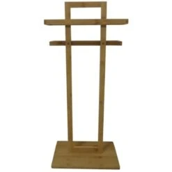 Porta Asciugamani Da Terra In Legno Bamboo Con 2 Barre Per Bagno 37x25x85cm