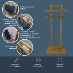Porta Asciugamani Da Terra In Legno Bamboo Con 2 Barre Per Bagno 37x25x85cm -Stile Bagno 16168225 5