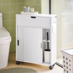 SoBuy Carrellino Salvaspazio Portarotolo E Portascopino Con Ruote Bianco L17P52A67 Cm BZR31-W -Stile Bagno 20277401 5