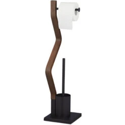 Relaxdays Piantana Da Bagno, In Legno E Acciaio, Porta Carta Igienica Con Scopino, HLP 75 X 18,5 X 18,5 Cm, Nero/Marrone