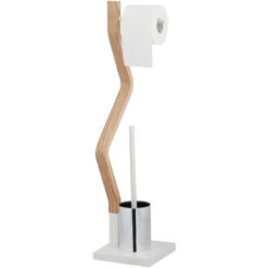 Relaxdays Piantana Da Bagno, In Legno E Acciaio, Porta Carta Igienica Con Scopino, 75 X 18,5 X 18,5 Cm, Bianco/Naturale
