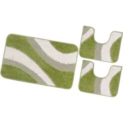 Tappeto Bagno Parure Set 3 Pezzi 100% Made In Italy Antiscivolo Shaggy 3D Moderno Assorbente - Verde