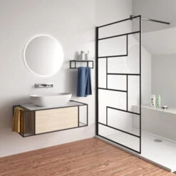 Walk In Parete Per Doccia Cristallo Temperato 8mm Anticalcare Serigrafato Nero Con Riquadri Barra Stabilizzatrice Da 90cm Nero Opaco 100x200cm