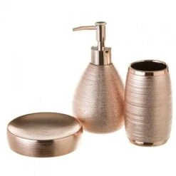 Set Bagno 3pz Dispenser Portasapone Bicchiere Spazzolini In Ceramica Bronzo