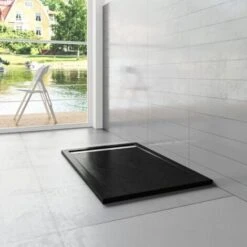 Piatto Doccia Rettangolare 90x120x3 Cm In Pietra Vulcanica E Resina Mista Finitura Pietra Nera Ruvida Ultraslim Antiscivolo Antibatterico