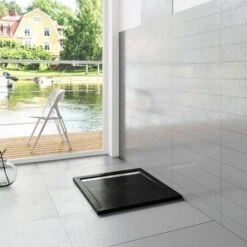 Piatto Doccia Quadrato 70x70x3 Cm In Pietra Vulcanica E Resina Mista Finitura Pietra Nera Ruvida Ultraslim Antiscivolo Antibatterico