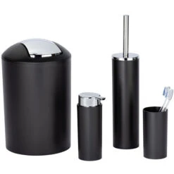 Wenko Set Bagno Toilette Calvo 4 Pezzi Con Dosasapone, Bicchiere Portaspazzolino, Scopino E Cestino, Nero Con Dettagli Cromati