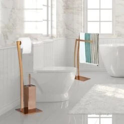 Relaxdays Set Da Accessori Per WC, Porta Scopino In Acciaio Inox, Piantana Portarotolo HxLxP: 71 X 20 X 20 Cm, Rame -Stile Bagno 32128756 3