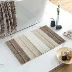 Tappetino Da Bagno In Microfibra, Morbido Tappetino Da Bagno Antiscivolo, Eleganti Tappetini Da Bagno Shaggy A Strisce Per Bagni 50x80cm - Beige E Marrone