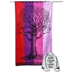 TELO MARE In Spugna Puro Cotone ALBERO DELLA VITA ROSSO E VIOLA Misura Grande Cm. 90 X 170 E Zaino Spiaggia