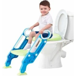 Riduttore WC Per Bambini Con Scaletta Regolabile Antiscivolo E Pieghevole, Con Cuscino Morbido, Sedia WC Per Bambini, Altezza Regolabile Del Pedale (Blu + Verde)