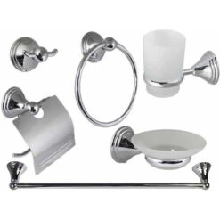 Set Bagno In Acciaio Cromato E Vetro Satinato 6 Pezzi Moderno Accessori Arredo Bagno Bianco