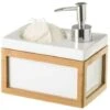 Dispenser Porta Sapone Liquido Con Portaspugna E Spugna Ceramica E Legno Bamboo