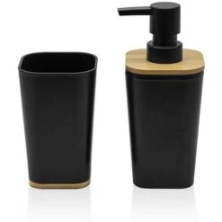 Set Bagno Dispenser E Portaspazzolino Nero Opaco Con Dettagli In Bambù