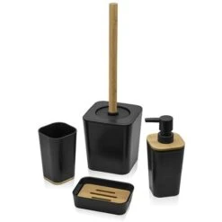 Set Bagno Dispenser E Portaspazzolino Nero Opaco Con Dettagli In Bambù -Stile Bagno 42092721 5