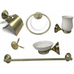 Set Bagno Classico In Oro Satinato E Vetro 6 Pezzi Accessori Arredo Bagno Con Porta Saponetta Porta Rotolo Bicchiere Spazzolini E Portasciugamano