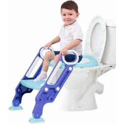 Riduttore WC Per Bambini Con Scaletta Regolabile Antiscivolo E Pieghevole, Con Cuscino Morbido, Sedia WC Per Bambini, Altezza Regolabile Del Pedale (Blu + Viola)