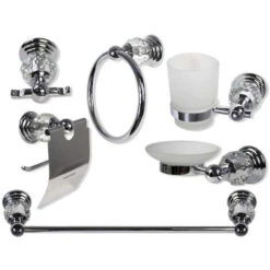 Set Da Bagno Moderno Acciaio Lucido E Vetro Intagliato Trasparente E Satinato 6 Pezzi Accessori Arredo Bagno Porta Saponetta Portarotolo Spazzolini Asciugamano