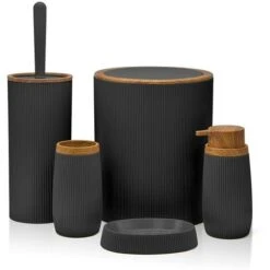 Set Bagno Da Appoggio Blob In Plastica Liscia Nera Con Dettagli Effetto Legno