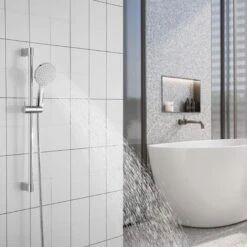 ONECE Set Asta Doccia 75cm, Kit Asta Saliscendi Doccia Regolabile In Altezza, Colonna Doccia Senza Miscelatore, Staffa Supporto Regolabile, Tubo Flessibile Doccia 150 Cm, Acciaio Inox -Stile Bagno 53052520 5