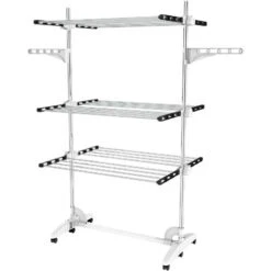 Todeco Stendino Per Biancheria, Stendibiancheria - Materiale: Tubi In Acciaio Inossidabile - Carico Massimo: 3 Kg Per Ciascun Barra Di Sostegno - 3 Ripiani, Nero/Bianco, Con Ali