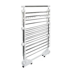 Todeco Stendino Per Biancheria, Stendibiancheria - Tubi In Acciaio Inossidabile - Carico Massimo: 3 Kg Per Ciascun Barra Di Sostegno - 3 Ripiani, Bianco, Con Ali E Barra Nella Parte Superiore Estesa