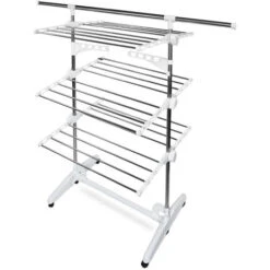 Todeco Stendino Per Biancheria, Stendibiancheria - Tubi In Acciaio Inossidabile - Carico Massimo: 3 Kg Per Ciascun Barra Di Sostegno - 3 Ripiani, Bianco, Con Ali E Barra Nella Parte Superiore Estesa -Stile Bagno 54376646 3