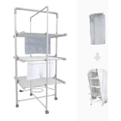 Todeco Stendibiancheria Elettrico, Stendino Pieghevole Da Interno - Dimensioni Piegato: 143 X 72 X 9 Cm - Materiale: Lega Di Alluminio - 3 Ripiani, Bianco, Con Ruote E Coperchio