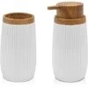 Set 2 Pezzi Dispenser Sapone E Porta Spazzolino Bianco Dettagli Effetto Legno Blob