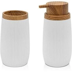 Set 2 Pezzi Dispenser Sapone E Porta Spazzolino Bianco Dettagli Effetto Legno Blob