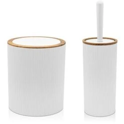 Set 2 Pezzi Porta Scopino E Pattumiera 5lt Bianco Dettagli Effetto Legno Blob