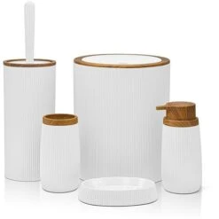 Set 2 Pezzi Porta Scopino E Pattumiera 5lt Bianco Dettagli Effetto Legno Blob -Stile Bagno 55076239 3