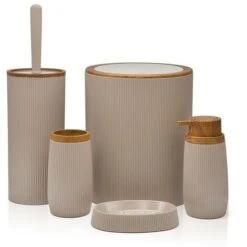 Set 2 Pezzi Dispenser Sapone E Porta Spazzolino Tortora Dettagli Effetto Legno Blob -Stile Bagno 55076247 3