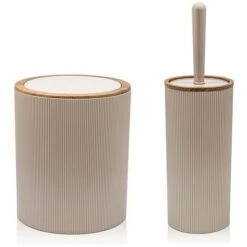 Set 2 Pezzi Porta Scopino E Pattumiera 5lt Tortora Dettagli Effetto Legno Blob