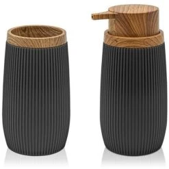 Set 2 Pezzi Dispenser Sapone E Porta Spazzolino Nero Dettagli Effetto Legno Blob