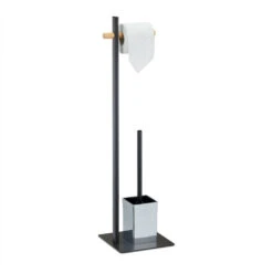 Relaxdays Piantana Portarotolo E Scovolino, Carta Igienica, Portascopino, In Acciaio, HxLxP: 77,5 X 21,5 X 20 Cm, Nero