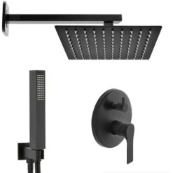 Set Doccia Nero Opaco Completo Di Soffione Quadrato 25x25 Cm, Kit Doccetta E Miscelatore