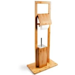 Portarotolo Con Scopino E Porta Scopino In Legno Bambu' Accessori Bagno WC 82 Cm