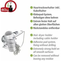 WENKO Turbo-Loc® Porta Asciugacapelli - Fissaggio Senza Trapano, Acciaio, 14 X 7.5 X 11.5 Cm, Cromo -Stile Bagno 70668126 4