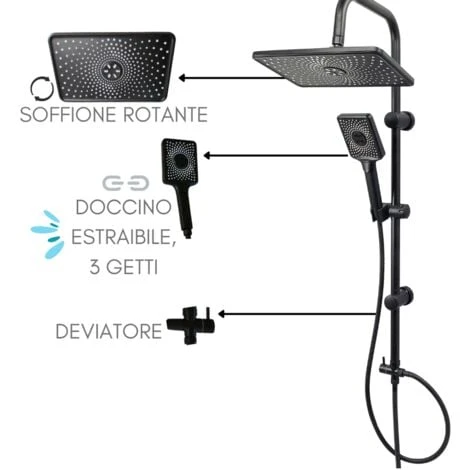Colonna Doccia Senza Miscelatore ZIK, Saliscendi Con Soffione E Doccetta Estraibile 3 Getti + Deviatore - Nero 3 Colonna Doccia Senza Miscelatore ZIK, Saliscendi Con Soffione E Doccetta Estraibile 3 Getti + Deviatore - Nero - immagine 3
