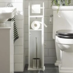 SoBuy FRG135-W,Piantana Portarotolo E Portascopino 2 In 1, Mobile Bagno, Bianco, IT -Stile Bagno 7330499 3