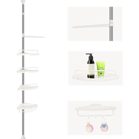 Mensola Doccia Telescopica Inox Con 4 Ripiani Bianchi Altezza Regolabile 254-304cm Bianco 1 Mensola Doccia Telescopica Inox Con 4 Ripiani Bianchi Altezza Regolabile 254-304cm Bianco
