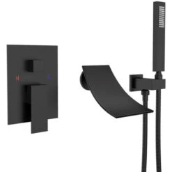 Rubinetto Vasca Bagno Nero, Cascata Manico Singolo Rubinetto Doccia Montaggio A Parete Rubinetto Per Vasca Da Bagno Con Doccetta In Ottone, Tubo Doccia 150cm