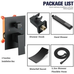 Rubinetto Vasca Bagno Nero, Cascata Manico Singolo Rubinetto Doccia Montaggio A Parete Rubinetto Per Vasca Da Bagno Con Doccetta In Ottone, Tubo Doccia 150cm -Stile Bagno 76486763 5