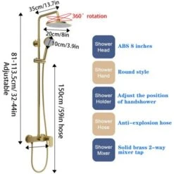 Set Rubinetto Doccia Oro Spazzolato, Soffione Doccia A Pioggia In ABS Da 8 Pollici Con Doccetta, Rubinetto Doccia A Pioggia Di Lusso, Miscelatore Bagno, Sistema Doccia -Stile Bagno 76486880 5
