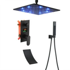 LED Sistema Doccia Con Display Digitale, Nero Colonna Doccia Montaggio A Soffitto Set Doccia Con Soffione Doccia A Pioggia, Doccetta, Cascata Rubinetto Vasca,16 Inches